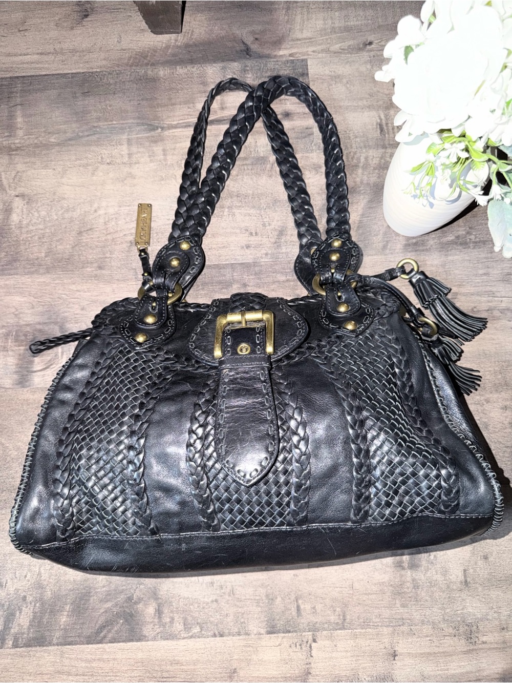Vintage Braided Black Leather Shoulder Bag with Brass Buckle Accents